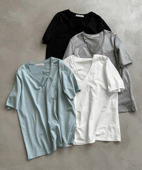 vネックtシャツ レディース 綿100% 抜け感 半袖カットソー ゆったり 着やせトップス春夏 涼しい 無地tシャツ シンプル 大人カジュアルトップス ベーシック AMYS-1070