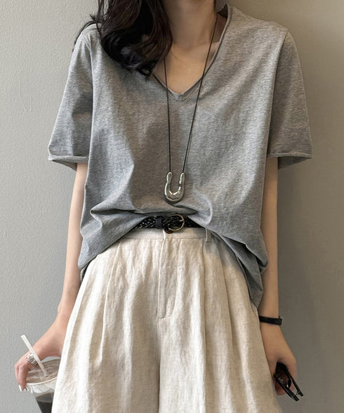 vネックtシャツ レディース 綿100% 抜け感 半袖カットソー ゆったり 着やせトップス春夏 涼しい 無地tシャツ シンプル 大人カジュアルトップス ベーシック AMYS-1070