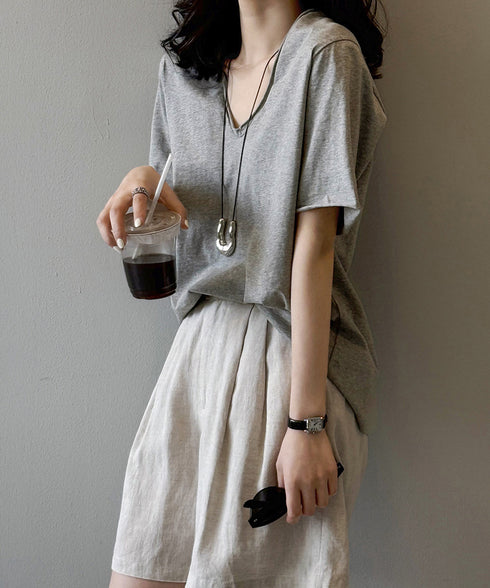 vネックtシャツ レディース 綿100% 抜け感 半袖カットソー ゆったり 着やせトップス春夏 涼しい 無地tシャツ シンプル 大人カジュアルトップス ベーシック AMYS-1070