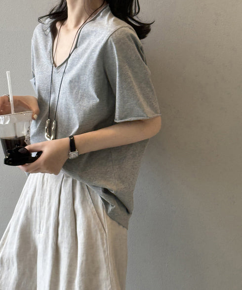 vネックtシャツ レディース 綿100% 抜け感 半袖カットソー ゆったり 着やせトップス春夏 涼しい 無地tシャツ シンプル 大人カジュアルトップス ベーシック AMYS-1070