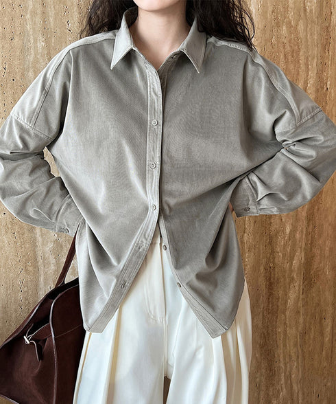 コーデュロイシャツレディース 長袖シャツ シャツブラウス ラウンドテール カジュアルシャツ 重ね着お洒落 ゆったりトップス 韓国風 襟付きロングシャツ 体型カバー AMYX-86087