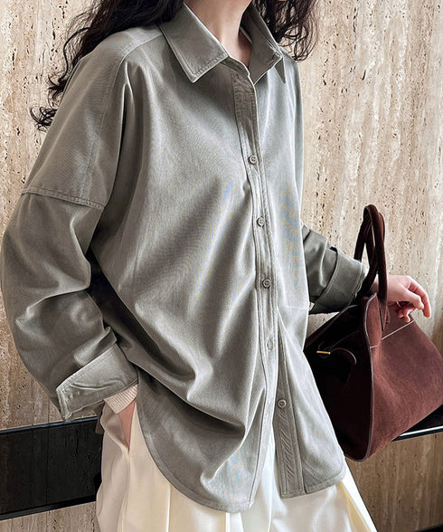 コーデュロイシャツレディース 長袖シャツ シャツブラウス ラウンドテール カジュアルシャツ 重ね着お洒落 ゆったりトップス 韓国風 襟付きロングシャツ 体型カバー AMYX-86087