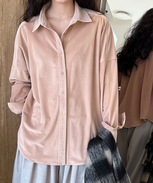コーデュロイシャツレディース 長袖シャツ シャツブラウス ラウンドテール カジュアルシャツ 重ね着お洒落 ゆったりトップス 韓国風 襟付きロングシャツ 体型カバー AMYX-86087