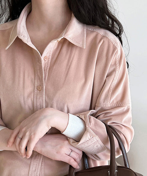 コーデュロイシャツレディース 長袖シャツ シャツブラウス ラウンドテール カジュアルシャツ 重ね着お洒落 ゆったりトップス 韓国風 襟付きロングシャツ 体型カバー AMYX-86087