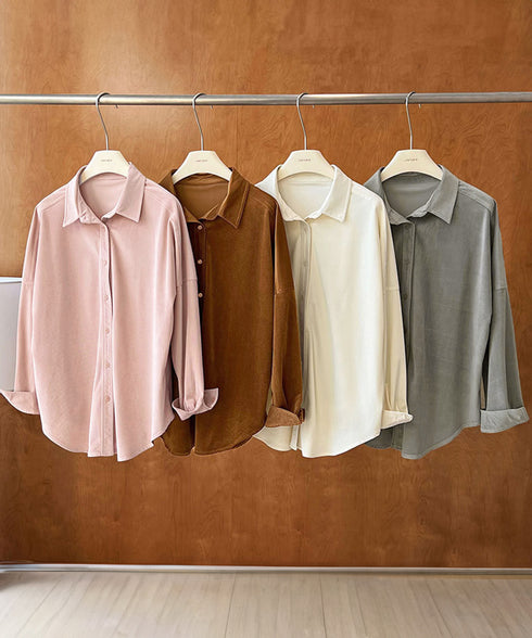 コーデュロイシャツレディース 長袖シャツ シャツブラウス ラウンドテール カジュアルシャツ 重ね着お洒落 ゆったりトップス 韓国風 襟付きロングシャツ 体型カバー AMYX-86087