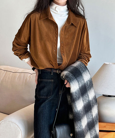 コーデュロイシャツレディース 長袖シャツ シャツブラウス ラウンドテール カジュアルシャツ 重ね着お洒落 ゆったりトップス 韓国風 襟付きロングシャツ 体型カバー AMYX-86087