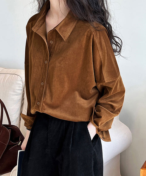 コーデュロイシャツレディース 長袖シャツ シャツブラウス ラウンドテール カジュアルシャツ 重ね着お洒落 ゆったりトップス 韓国風 襟付きロングシャツ 体型カバー AMYX-86087