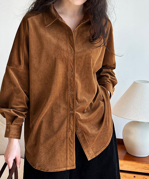 コーデュロイシャツレディース 長袖シャツ シャツブラウス ラウンドテール カジュアルシャツ 重ね着お洒落 ゆったりトップス 韓国風 襟付きロングシャツ 体型カバー AMYX-86087