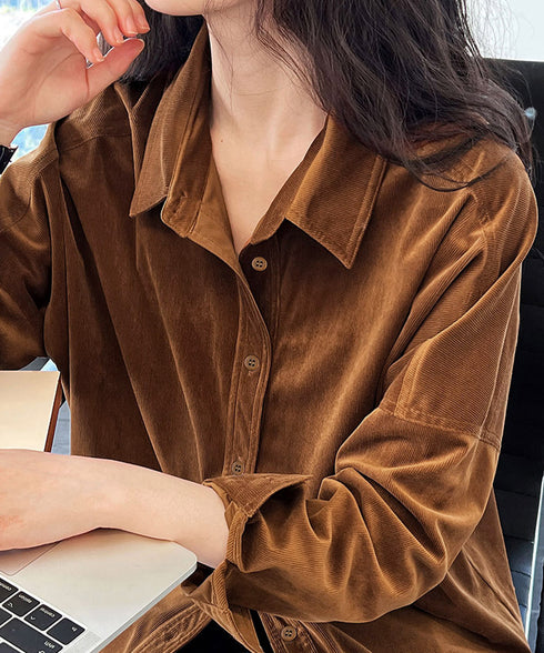 コーデュロイシャツレディース 長袖シャツ シャツブラウス ラウンドテール カジュアルシャツ 重ね着お洒落 ゆったりトップス 韓国風 襟付きロングシャツ 体型カバー AMYX-86087