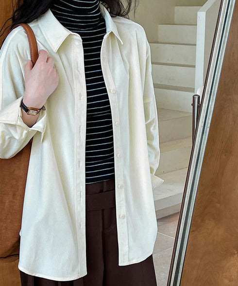 コーデュロイシャツレディース 長袖シャツ シャツブラウス ラウンドテール カジュアルシャツ 重ね着お洒落 ゆったりトップス 韓国風 襟付きロングシャツ 体型カバー AMYX-86087