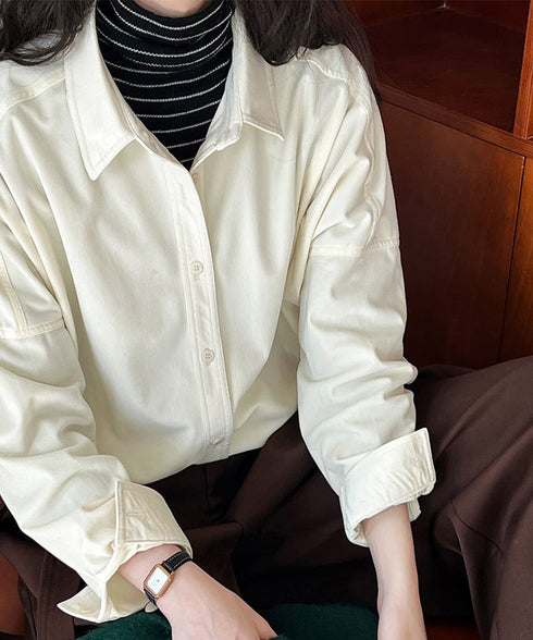 コーデュロイシャツレディース 長袖シャツ シャツブラウス ラウンドテール カジュアルシャツ 重ね着お洒落 ゆったりトップス 韓国風 襟付きロングシャツ 体型カバー AMYX-86087