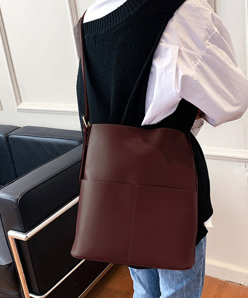 ショルダーバッグ 2wayバッグ 大容量 外ポケット付きPUレザー斜め掛けカバン オフィスカジュアル ワイドベルト合皮鞄肩掛けバッグ 高見え自立バケツバッグレトロ DIEWU-002