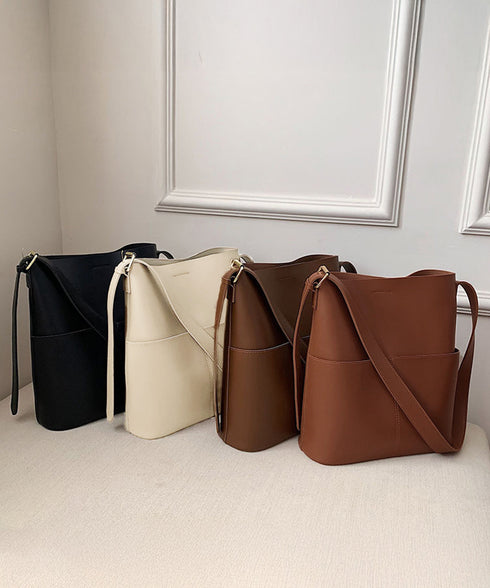 ショルダーバッグ 2wayバッグ 大容量 外ポケット付きPUレザー斜め掛けカバン オフィスカジュアル ワイドベルト合皮鞄肩掛けバッグ 高見え自立バケツバッグレトロ DIEWU-002