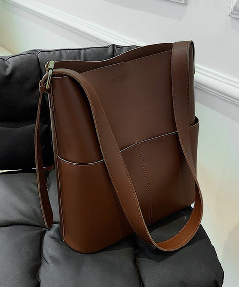 ショルダーバッグ 2wayバッグ 大容量 外ポケット付きPUレザー斜め掛けカバン オフィスカジュアル ワイドベルト合皮鞄肩掛けバッグ 高見え自立バケツバッグレトロ DIEWU-002