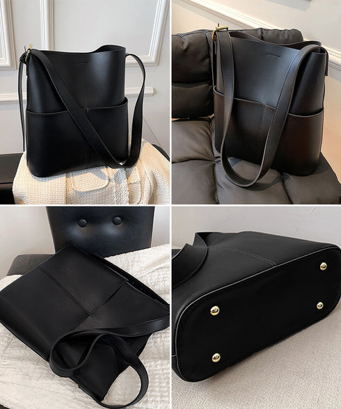 ショルダーバッグ 2wayバッグ 大容量 外ポケット付きPUレザー斜め掛けカバン オフィスカジュアル ワイドベルト合皮鞄肩掛けバッグ 高見え自立バケツバッグレトロ DIEWU-002