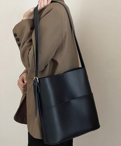 ショルダーバッグ 2wayバッグ 大容量 外ポケット付きPUレザー斜め掛けカバン オフィスカジュアル ワイドベルト合皮鞄肩掛けバッグ 高見え自立バケツバッグレトロ DIEWU-002