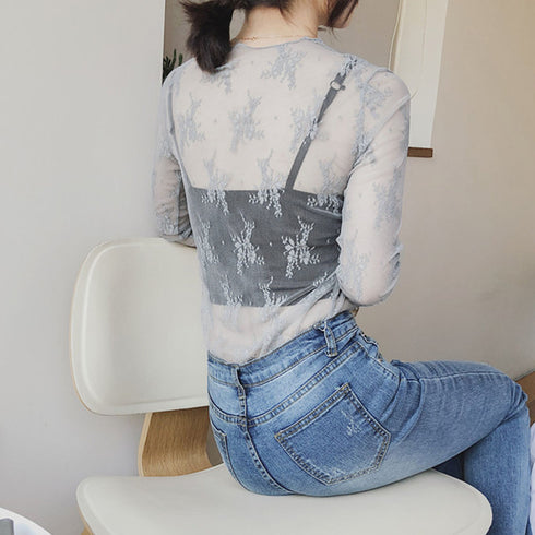 レース チュール トップス レディース レース チュール トップス レディース ハイネック レースインナー シースルー 長袖 トップス HUALEI-001