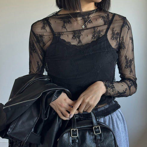レース チュール トップス レディース レース チュール トップス レディース ハイネック レースインナー シースルー 長袖 トップス HUALEI-001