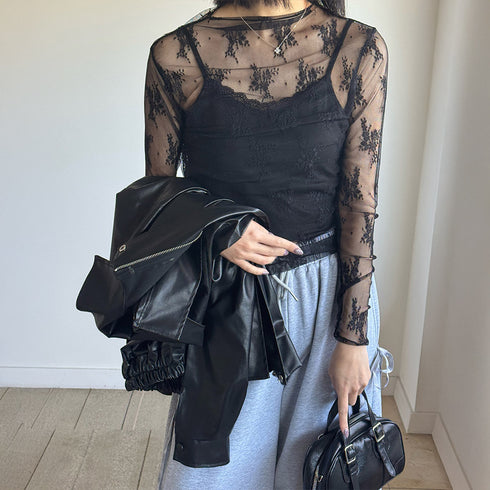 レース チュール トップス レディース レース チュール トップス レディース ハイネック レースインナー シースルー 長袖 トップス HUALEI-001