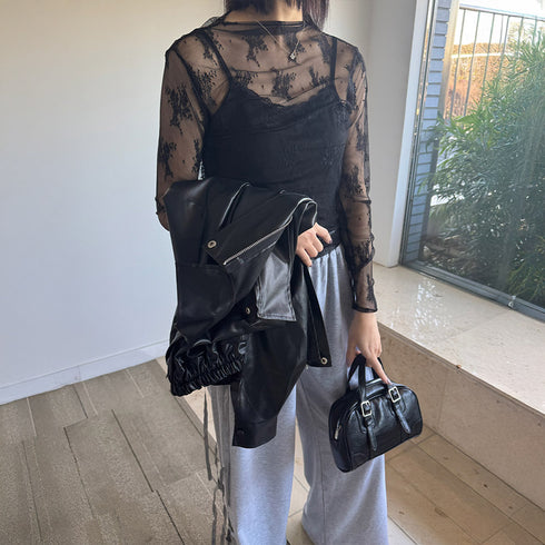 レース チュール トップス レディース レース チュール トップス レディース ハイネック レースインナー シースルー 長袖 トップス HUALEI-001