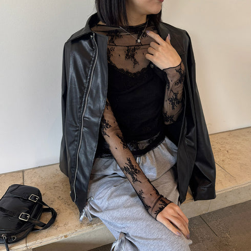 レース チュール トップス レディース レース チュール トップス レディース ハイネック レースインナー シースルー 長袖 トップス HUALEI-001