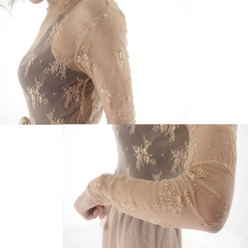 レース チュール トップス レディース レース チュール トップス レディース ハイネック レースインナー シースルー 長袖 トップス HUALEI-001