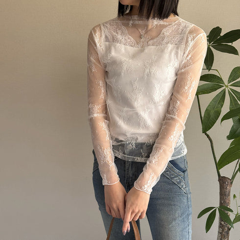 レース チュール トップス レディース レース チュール トップス レディース ハイネック レースインナー シースルー 長袖 トップス HUALEI-001
