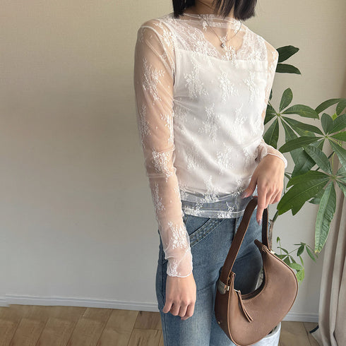 レース チュール トップス レディース レース チュール トップス レディース ハイネック レースインナー シースルー 長袖 トップス HUALEI-001