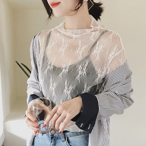 レース チュール トップス レディース レース チュール トップス レディース ハイネック レースインナー シースルー 長袖 トップス HUALEI-001