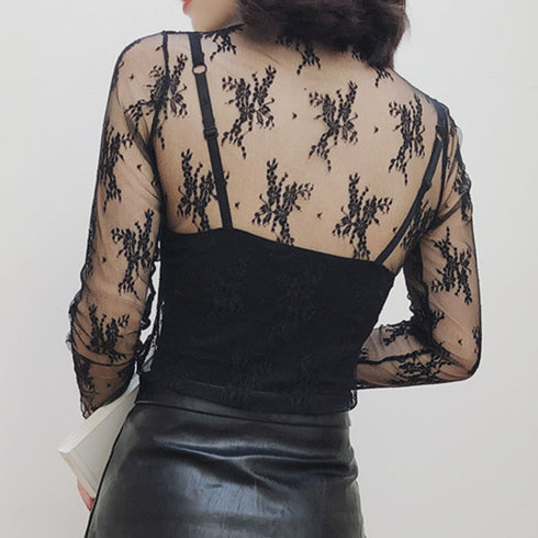 レース チュール トップス レディース レース チュール トップス レディース ハイネック レースインナー シースルー 長袖 トップス HUALEI-001