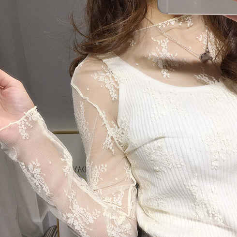 レース チュール トップス レディース レース チュール トップス レディース ハイネック レースインナー シースルー 長袖 トップス HUALEI-001