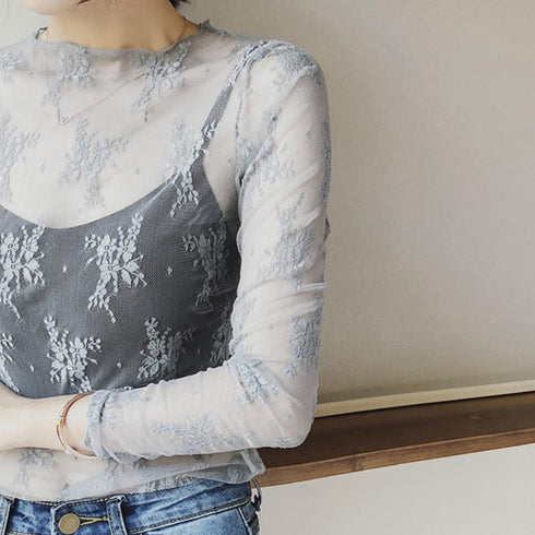 レース チュール トップス レディース レース チュール トップス レディース ハイネック レースインナー シースルー 長袖 トップス HUALEI-001
