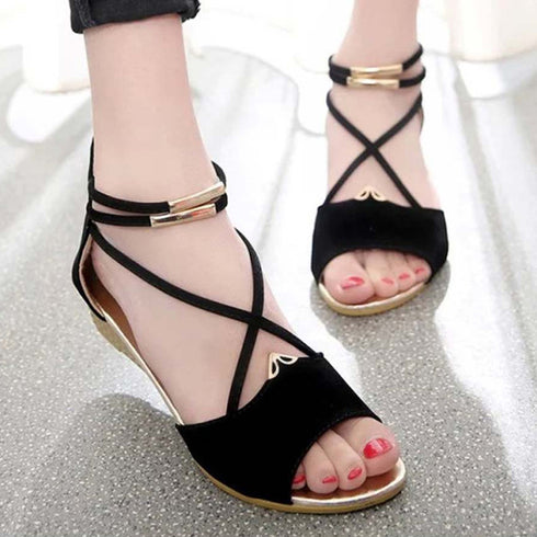 サンダル レディース 歩きやすい 韓国夏 ウェッジソール ストラップサンダル 美脚 バックファスナー ローヒール グラディエーターウェッジサンダル 履きやすい人気 HUIH-014