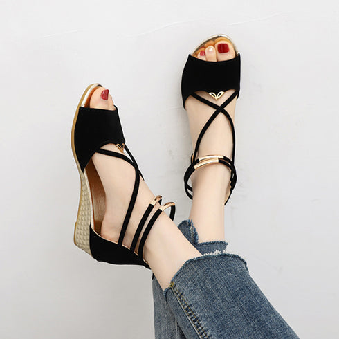 サンダル レディース 歩きやすい 韓国夏 ウェッジソール ストラップサンダル 美脚 バックファスナー ローヒール グラディエーターウェッジサンダル 履きやすい人気 HUIH-014