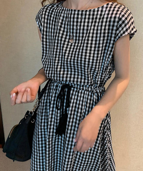 リネン風ワンピース レディース 春夏半袖 フレンチスリーブ チェック柄 ロングワンピース ハイウエスト Aラインワンピース クルーネック 体型カバー 綿麻風ワンピ HYUNER-001