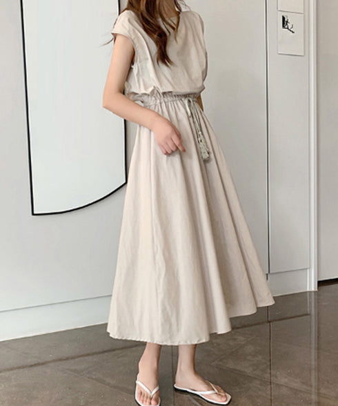 リネン風ワンピース レディース 春夏半袖 フレンチスリーブ チェック柄 ロングワンピース ハイウエスト Aラインワンピース クルーネック 体型カバー 綿麻風ワンピ HYUNER-001