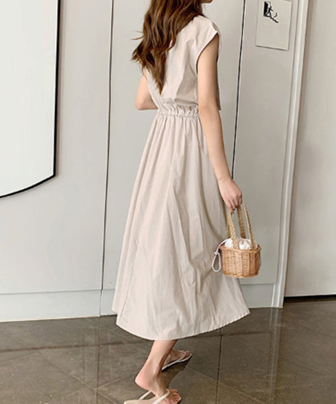 リネン風ワンピース レディース 春夏半袖 フレンチスリーブ チェック柄 ロングワンピース ハイウエスト Aラインワンピース クルーネック 体型カバー 綿麻風ワンピ HYUNER-001