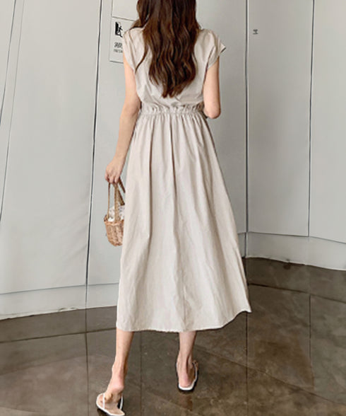 リネン風ワンピース レディース 春夏半袖 フレンチスリーブ チェック柄 ロングワンピース ハイウエスト Aラインワンピース クルーネック 体型カバー 綿麻風ワンピ HYUNER-001