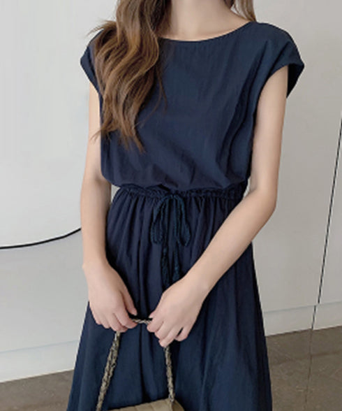 リネン風ワンピース レディース 春夏半袖 フレンチスリーブ チェック柄 ロングワンピース ハイウエスト Aラインワンピース クルーネック 体型カバー 綿麻風ワンピ HYUNER-001