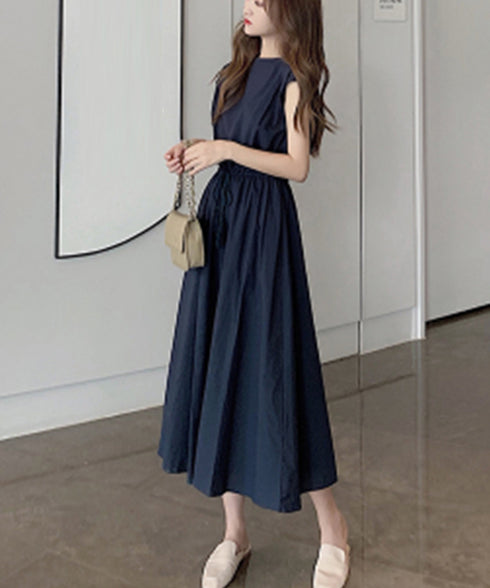 リネン風ワンピース レディース 春夏半袖 フレンチスリーブ チェック柄 ロングワンピース ハイウエスト Aラインワンピース クルーネック 体型カバー 綿麻風ワンピ HYUNER-001