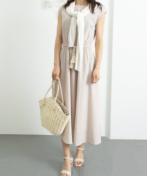 リネン風ワンピース レディース 春夏半袖 フレンチスリーブ チェック柄 ロングワンピース ハイウエスト Aラインワンピース クルーネック 体型カバー 綿麻風ワンピ HYUNER-001