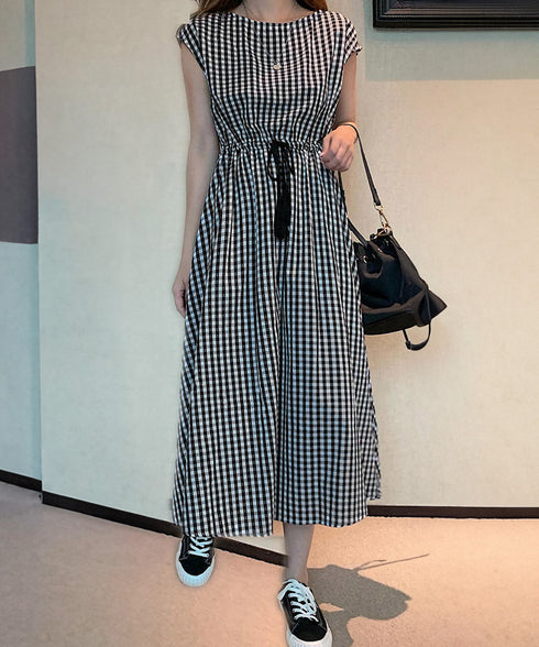 リネン風ワンピース レディース 春夏半袖 フレンチスリーブ チェック柄 ロングワンピース ハイウエスト Aラインワンピース クルーネック 体型カバー 綿麻風ワンピ HYUNER-001