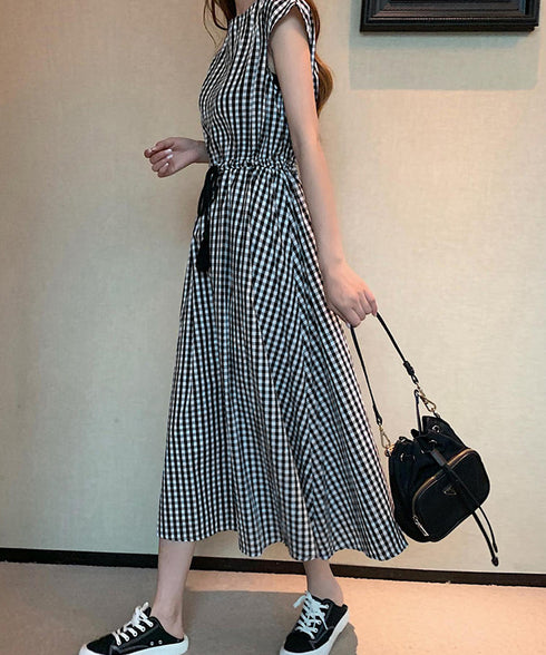 リネン風ワンピース レディース 春夏半袖 フレンチスリーブ チェック柄 ロングワンピース ハイウエスト Aラインワンピース クルーネック 体型カバー 綿麻風ワンピ HYUNER-001