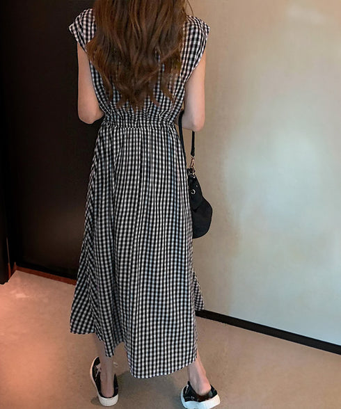 リネン風ワンピース レディース 春夏半袖 フレンチスリーブ チェック柄 ロングワンピース ハイウエスト Aラインワンピース クルーネック 体型カバー 綿麻風ワンピ HYUNER-001