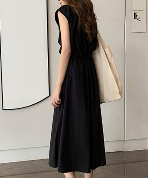 リネン風ワンピース レディース 春夏半袖 フレンチスリーブ チェック柄 ロングワンピース ハイウエスト Aラインワンピース クルーネック 体型カバー 綿麻風ワンピ HYUNER-001