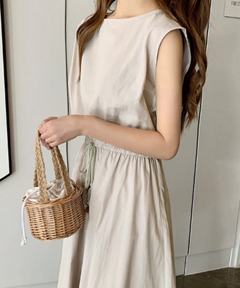 リネン風ワンピース レディース 春夏半袖 フレンチスリーブ チェック柄 ロングワンピース ハイウエスト Aラインワンピース クルーネック 体型カバー 綿麻風ワンピ HYUNER-001