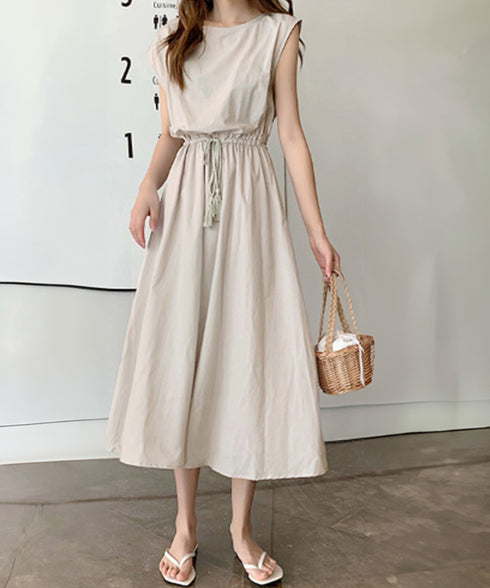 リネン風ワンピース レディース 春夏半袖 フレンチスリーブ チェック柄 ロングワンピース ハイウエスト Aラインワンピース クルーネック 体型カバー 綿麻風ワンピ HYUNER-001