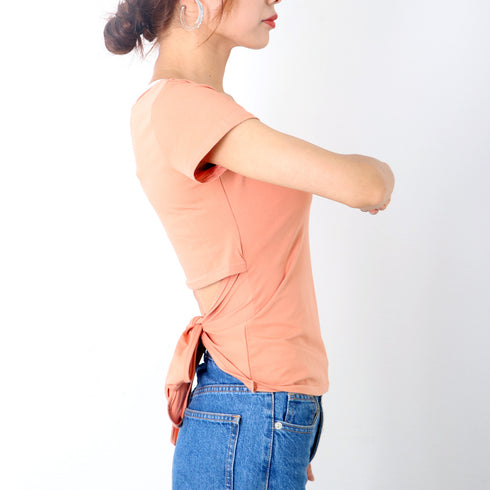 バックシャン カットソー レディース バックシャン カットソー レディース 後ろリボン 背中見せトップス セクシー 無地 Tシャツ オープンバック 半袖 JIADUOD-001