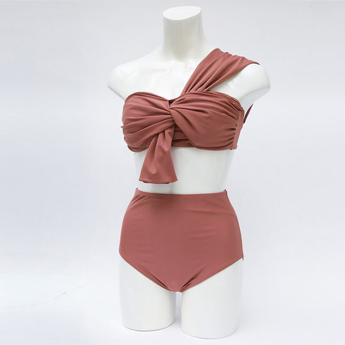 ワンショルダー 水着 2点セット ワンショルダー 水着 2点セット セパレート 水着 レディース 体型カバー バンドゥ ビキニ ハイウエスト KAISIDI-002