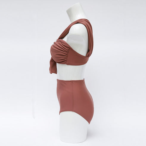 ワンショルダー 水着 2点セット ワンショルダー 水着 2点セット セパレート 水着 レディース 体型カバー バンドゥ ビキニ ハイウエスト KAISIDI-002